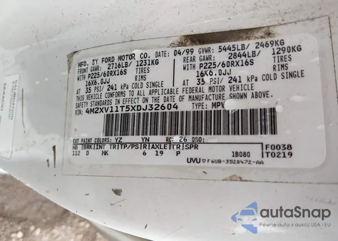 1999 Mercury Villager Estate/Sport из США, поврежденный, VIN 4M2XV11T5XDJ32604